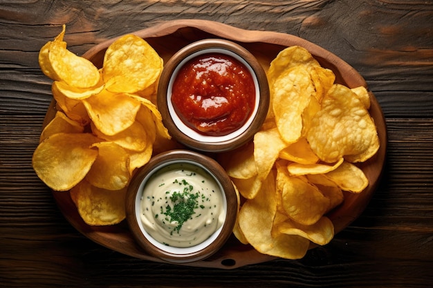 Van bovenaf gefotografeerd rustieke tafel met aardappelchips met dipsaus