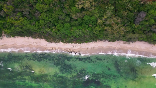 Van bovenaf ontvouwde zich het betoverende strand met goudkleurig zand gestreeld door turquoise golven Weelderige groene bossen sierden de kustlijn terwijl stevige rotsen een element van charme toevoegden