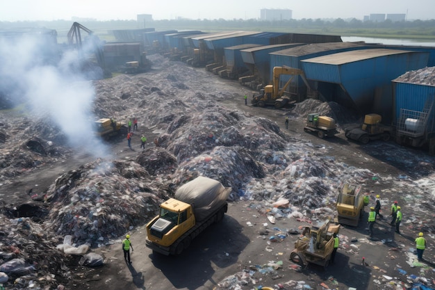 Van bovenaf stroomt de plastic recyclingfabriek binnen met werknemers en vrachtwagens die plastic afval van de stad verwerken