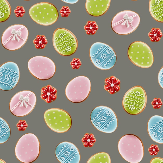 Van bovenaf uitzicht op kleurrijke gember geglazuurde smakelijke koekjes geïsoleerd op een grijze achtergrond. Sluit omhoog van eigengemaakt heerlijk heerlijk gebakje in vorm van paaseieren en kleine rode bloemen.