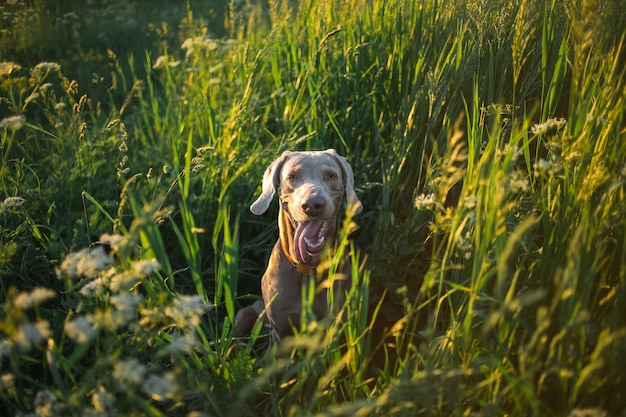 van bovenaf van grappige weimaraner met grijze wol zittend met open mond en grote tong