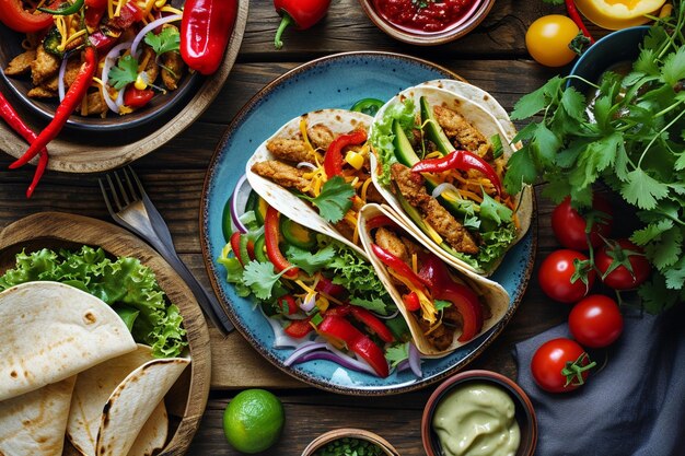 Van bovenaf vers Mexicaans eten op een bord