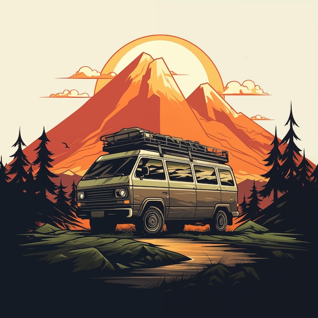 Van camper featuring a mountain peak illustration