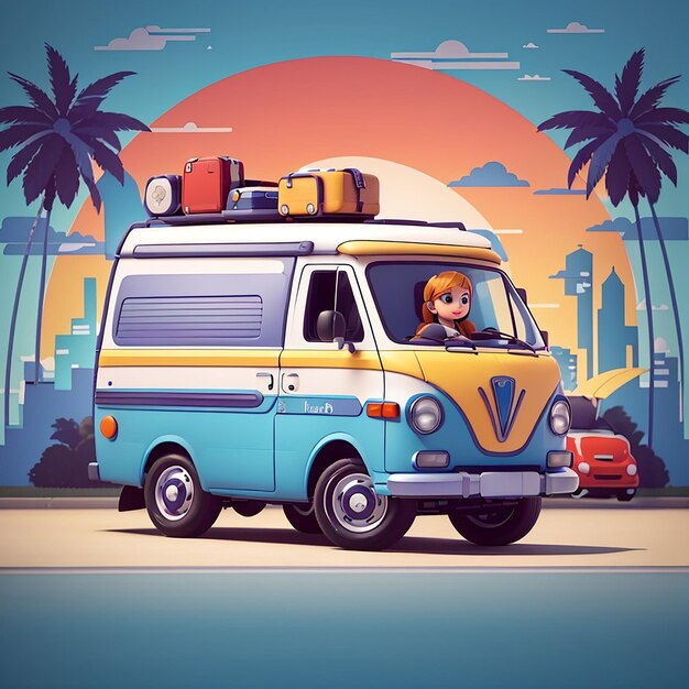 Van Car Music Tour Transportation with Drum Guitar and Suitcase Vector Illustration Flat Cartoon Style Suitable for Web Landing Page Banner Flyer Sticker Wallpaper Card Background