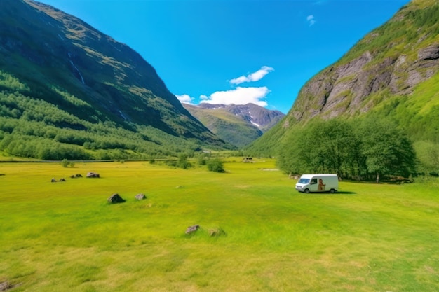 Van caravan in adembenemende natuurlijke achtergrond groene vallei familie road trip in de hooglanden door RV