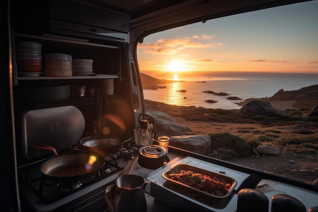 Van cooking breakfast with view of the sunrise created with generative ai