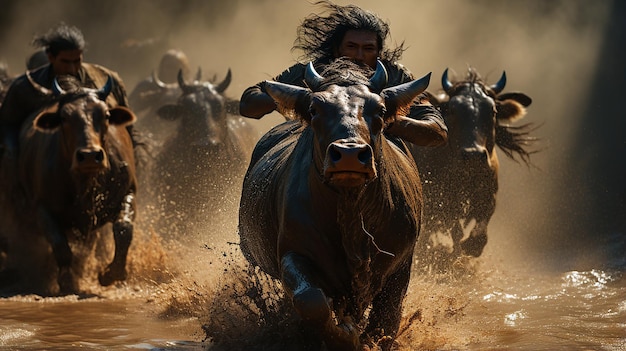 Foto van de_boven_kop_koeien_en_buffaloes_maken