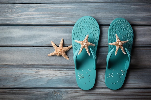 Van de de zeesterzomer van Flipflops de zeeschelp blauwe houten verticaal als achtergrond