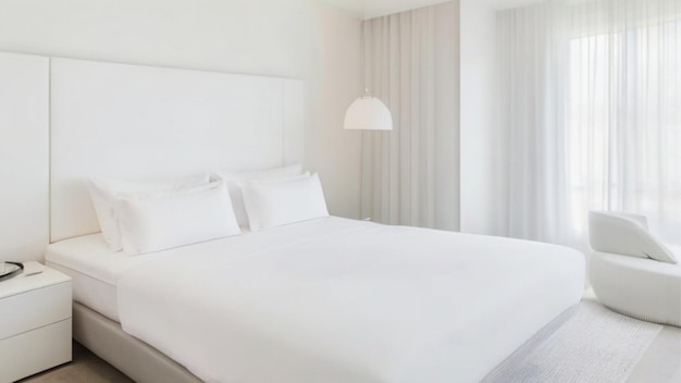 Van de frisse witte beddengoed tot de elegante en eenvoudige meubels onze minimalistisch geïnspireerde hotelkamer