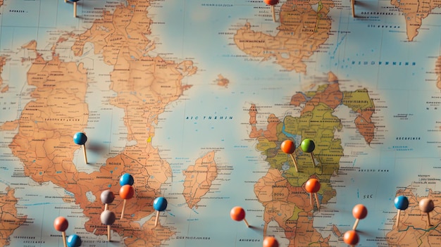 Foto van de wereldkaart vastgezet met populaire trends op het gebied van digitaal werken op afstand