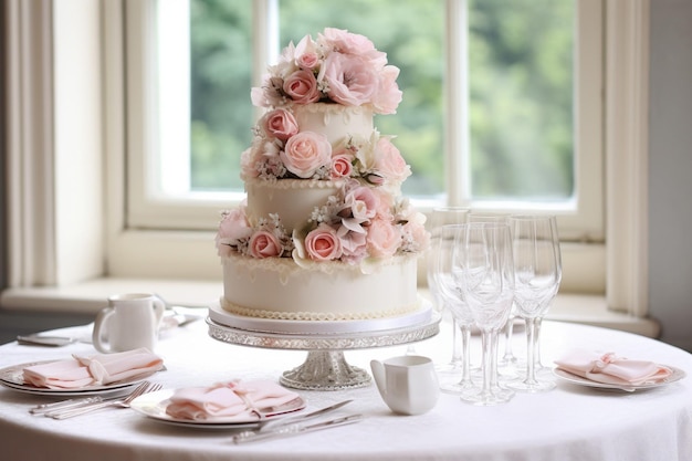 Van dichtbij de bruidstaart met roze bloemen van hoge kwaliteit