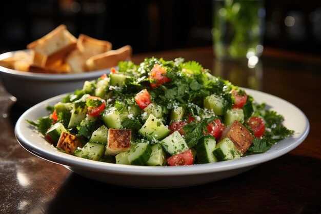 Foto van dichtbij en persoonlijk met een salade fattoush een voedzame salade met geroosterd pitabroodje als basis