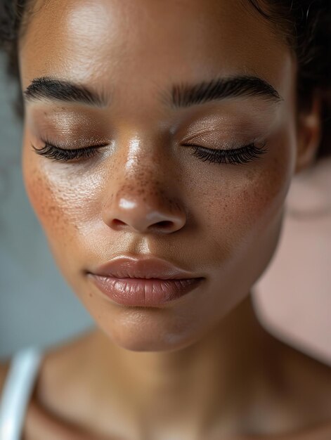 Van dichtbij wordt een voortreffelijke Afro-Amerikaanse vrouw met minimale make-up getoond, Generatieve AI