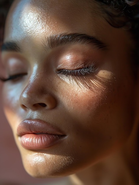 Van dichtbij wordt een voortreffelijke Afro-Amerikaanse vrouw met minimale make-up getoond.