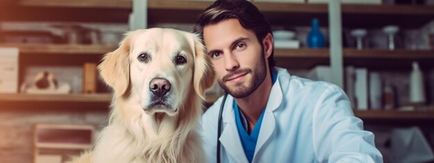 van een dierenarts met een stethoscoop die een schattige puppy vasthoudt in een dierenkliniek