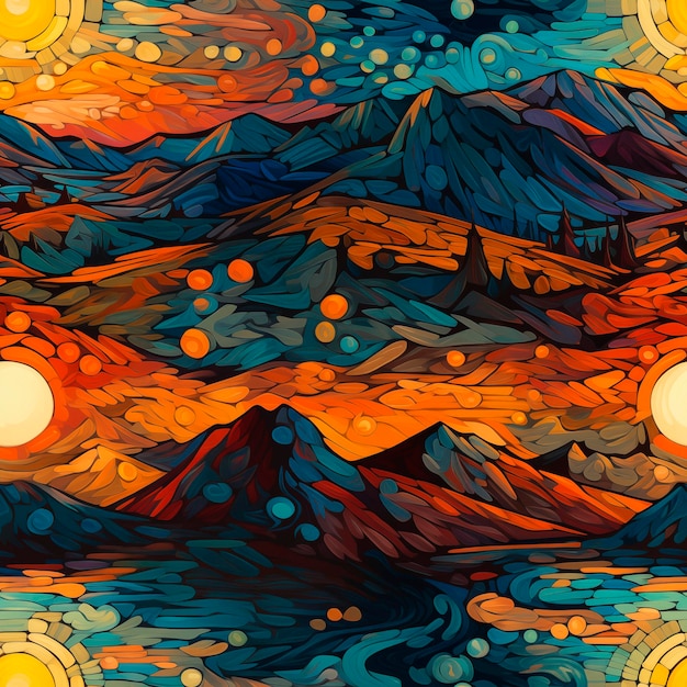 ヴァン・ゴッホ様式の山の風景コンセプト イースター シームレスイメージ