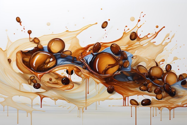 a van gogh style painting of coffee beans flowing left to right on white background
