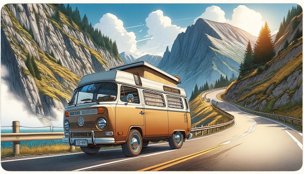 a van is driving down a road with a mountain in the background