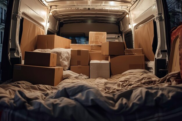 Photo van is filled with a large number of cardboard boxes densely packed boxes for delivery or transport