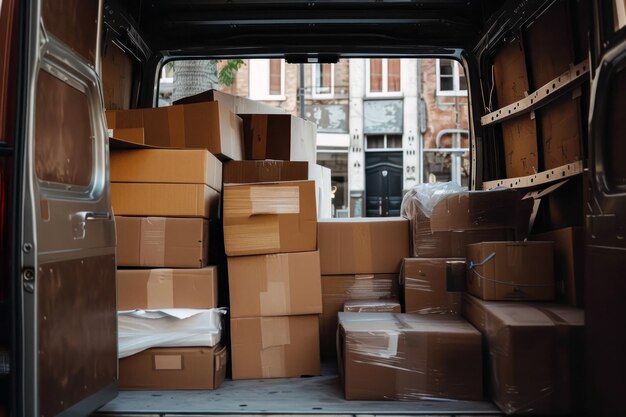 Ein Mitarbeiter einer Räumungsfirma trägt Umzugskartons in einen Transporter – ein Beispiel für die Dienstleistungen einer Räumungsfirma in Luzern.