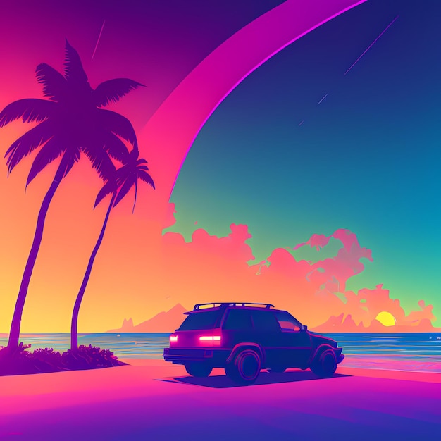 A van is parked on the beach near a palm tree and a wave in the ocean at sunset generative ai