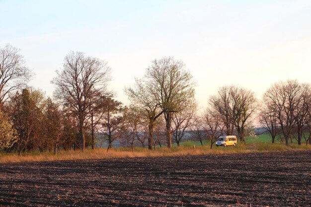 Foto un furgone è parcheggiato in un campo con alberi sullo sfondo