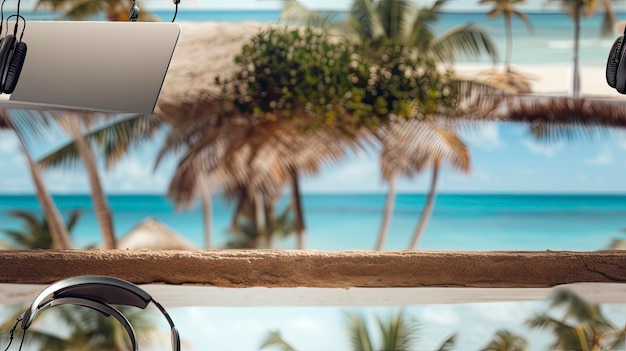 van laptop en koptelefoon op het reisvisum van een rustig strand