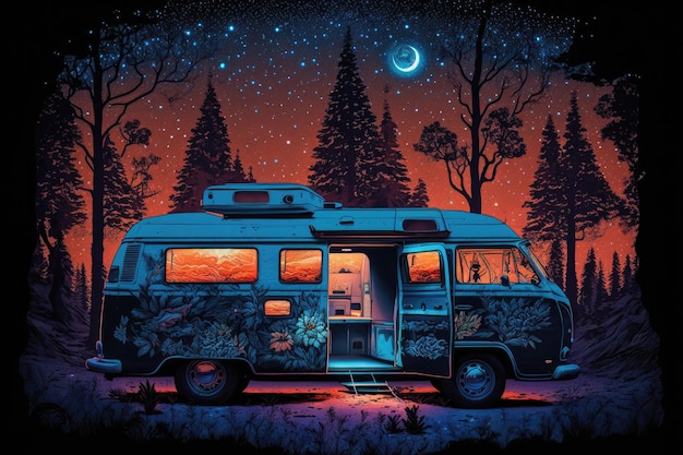 Van life in camping on nature galaxy background