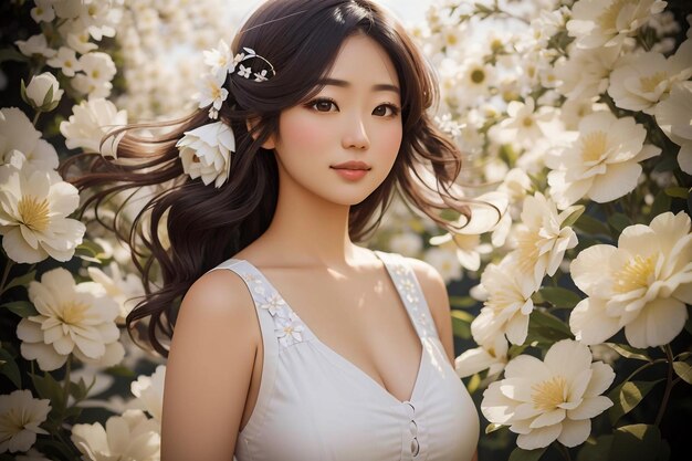 Foto van mooie japanse vrouwen die witte sundress dragen met bloemen achtergrond