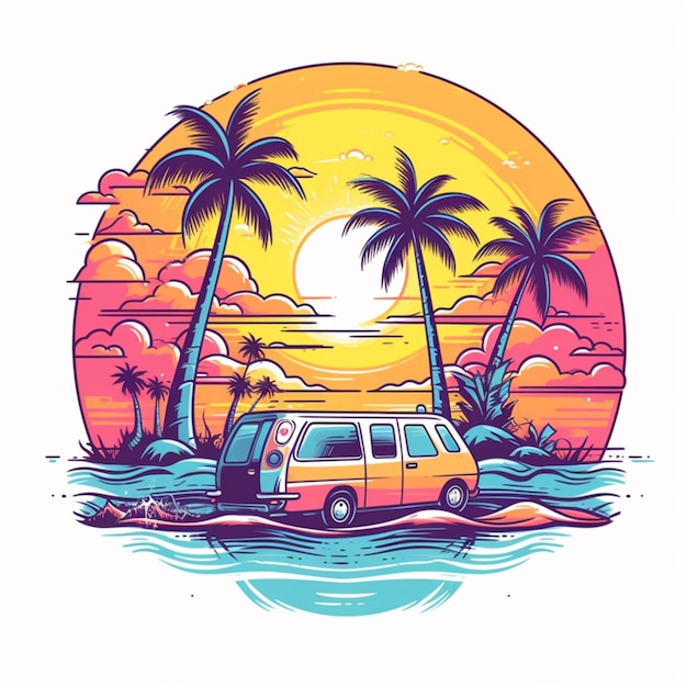 A van parked on the beach with palm trees and a sunset generative ai