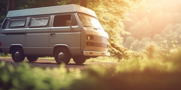 A van parked in a forest with the sun shining on the front.