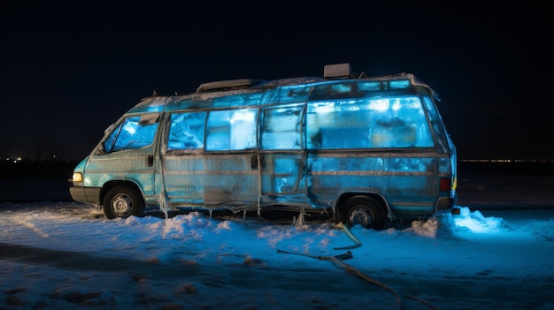 夜に雪の中に駐車したバン