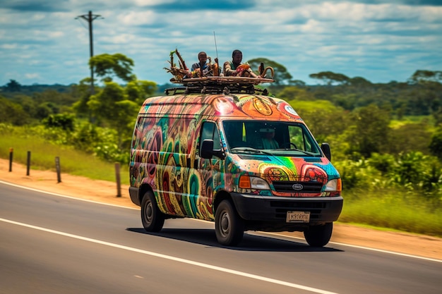 a van on a road going between two people