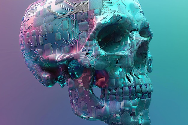 Van schedel gemaakt van printplaat glitchy teal en paarse achtergrond