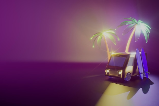 Van and surf boards with palm trees neon light