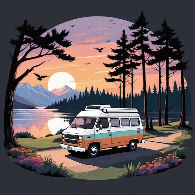 a van with a camper on the top is parked in front of a lake with a mountain in the background