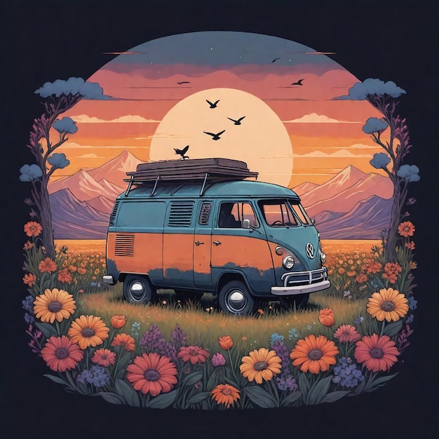 a van with a camper on the top of it is advertising a sunset