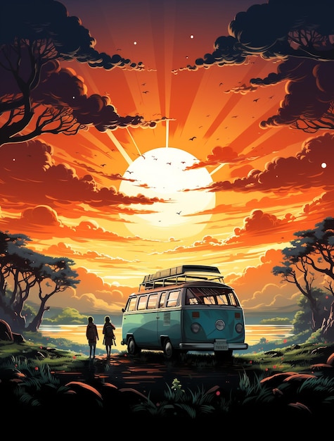 a van with kids on top at the sunset