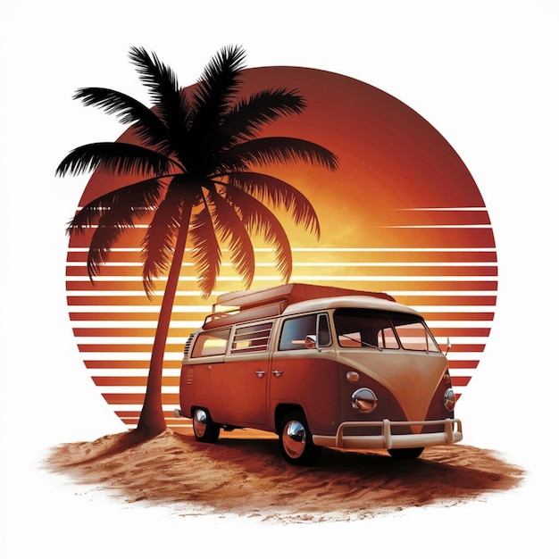 a van with a palm tree in the background acing a mesmerizing sunset