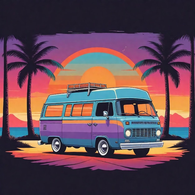 a van with palm trees on the top and the sun behind it