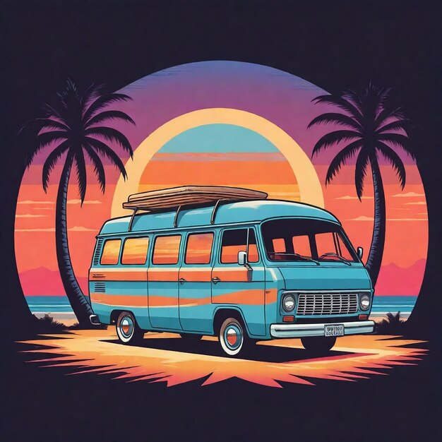 a van with palm trees on the top and the sun behind it