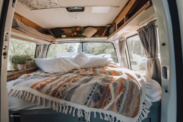 Фургон с плюшевыми постельными подушками и одеялами для максимального комфорта, созданный с помощью генеративного искусственного интеллекта.