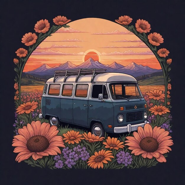 a van with a sunflowers on the top and the words quot camper quot on the top