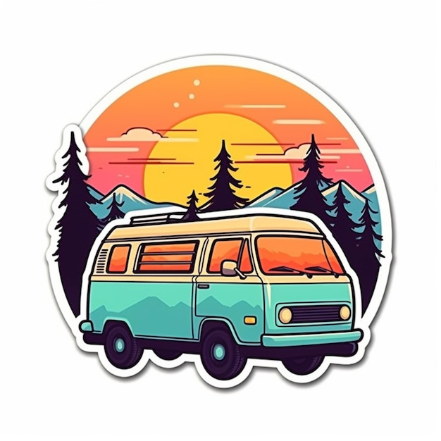 a van with a sunset in the background and trees generative ai