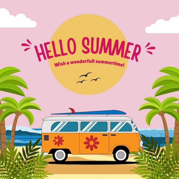 ハロー・サマー (Hello Summer) と書かれたバン
