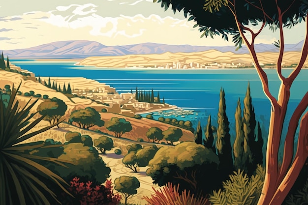 Vanaf Israëls Berg der Zaligsprekingen een panoramisch uitzicht op het Kinneret-meer en het Meer van Galilea