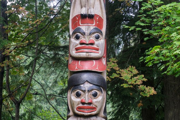 VANCOUVER CANADA SEPTEMBER 11th 2018 First Nations totem poles in Capiliano park Vancouver Canada