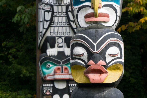 VANCOUVER CANADA SEPTEMBER 12th 2018 First Nations totem poles in Stanley Park Vancouver Canada