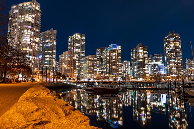 Vancouver downtown marina at night Beautiful buildings skyline reflection on the water Yaletown