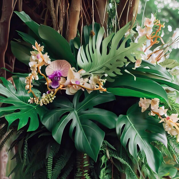 Vanda orchids tropical flower decor on tree branch liana vine plant isolated generative ai